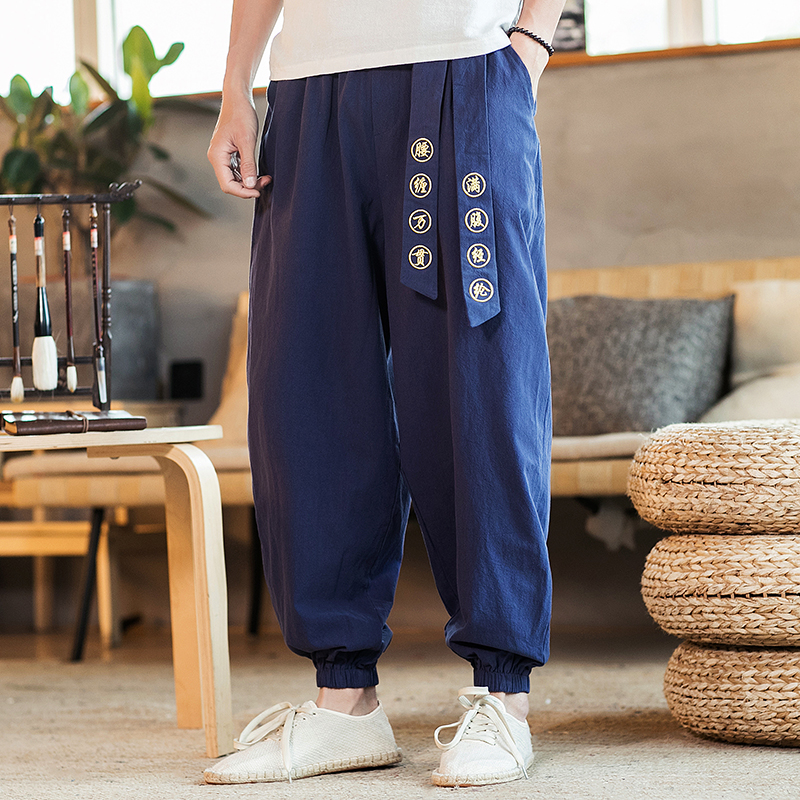 Tang suit Chinese style embroidered casual pants men's improved Han suit loose large size bloomers cotton linen toe Harlan pants