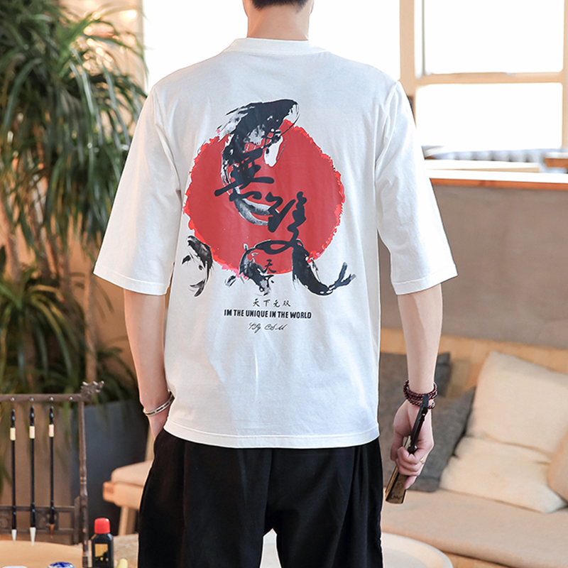 China wind retro printed round collar short sleeve T-shirt 2022 new summer thin section loose with large size and half sleeve T-shirt tide