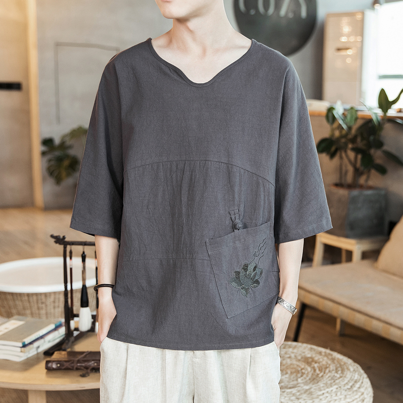 2022 summer new antique embroidery men's linen thin section trend short-sleeved t-shirt men's fat plus size half-sleeve