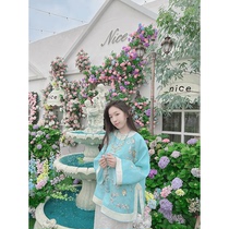 Chuanxian Shanting Summer) #328) original design curly grass pattern plate silver embroidery hand embroidered round neck straight top lake green