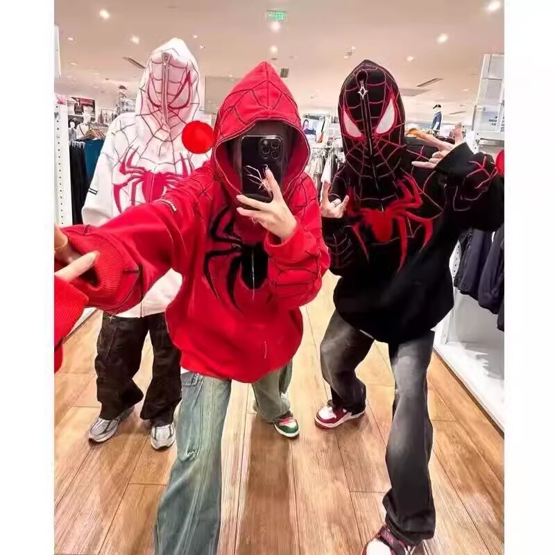 Trendy American-Style Spider-Man Cardigan Hoodie for Women, 2026 Spring and Autumn, Fleece-Lined, Couple Design Jacket