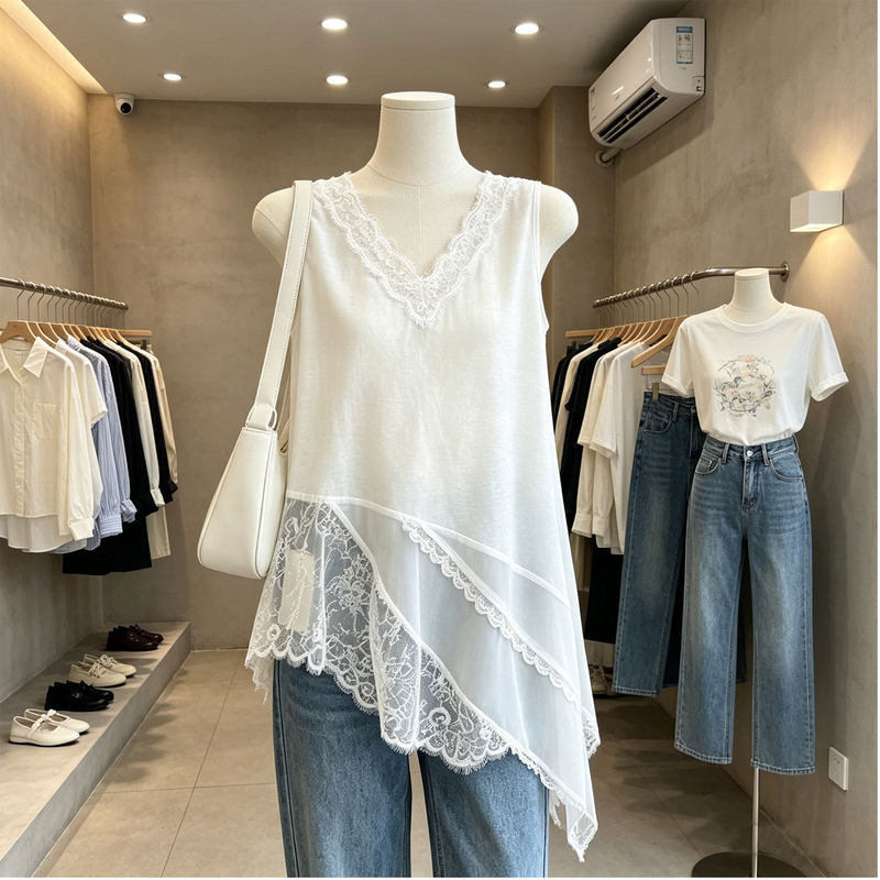 V-Neck Sleeveless Vest 2026 New Summer Style Lace Splicing Chiffon Irregular Hem Top Mid-Length
