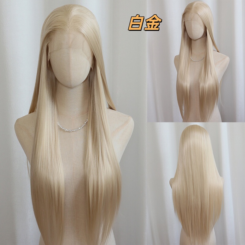 Platinum Color Cosplay Hand-Crocheted Long Straight Hair with Large Lace Front Synthetic Fiber Full Wig with Customizable Parting Platinum Color Cosplay Hand-Crocheted Long Straight Hair with Large Lace Front Synthetic Fiber Full Wig with Customizable Parting