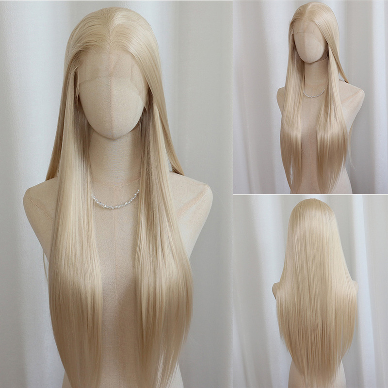 Platinum Color Cosplay Wig Synthetic Fiber Lace Front Hand-Tied Wig Long Straight Hair Free Parting Versatile Wig Base Platinum Color Cosplay Wig Synthetic Fiber Lace Front Hand-Tied Wig Long Straight Hair Free Parting Versatile Wig Base