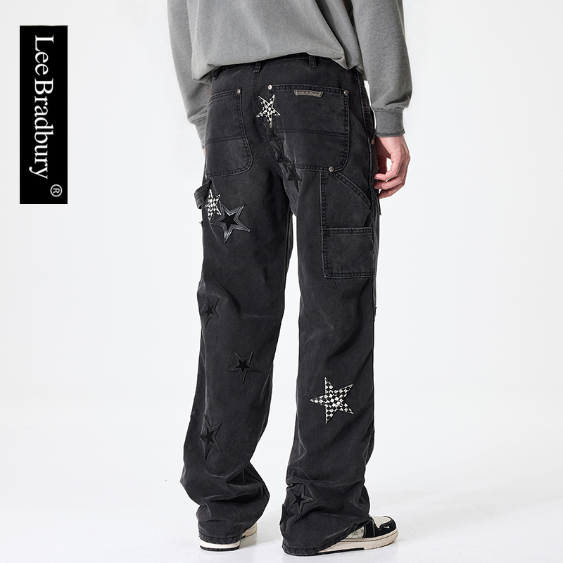 Lee Bradbury Autumn Thick Five-Pointed Star Wide-Leg Jeans Loose Straight Lumberjack Cargo Pants Men's Trendy Brand