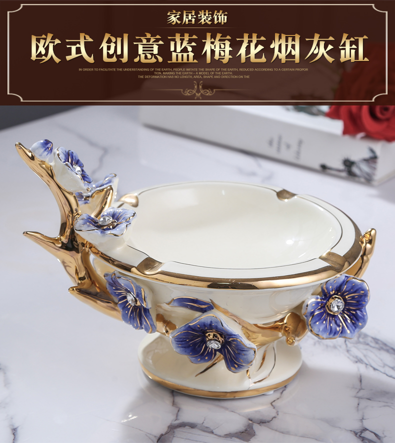 European new royal blue name plum flower series European ceramic ashtray sitting room adornment bedroom with cover the ashtray furnishing articles