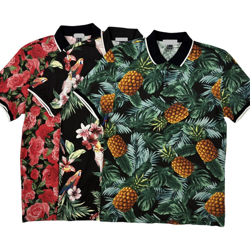 Foreign Trade Men's Short-Sleeved Floral Shirt Half-Buttoned Polo Shirt