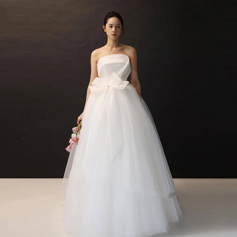 2026 New Style Strapless Slimming Korean Wedding Dress High-Waisted Maternity Dress to Cover the Belly, Floor-Length Puffy Skirt with Bow
