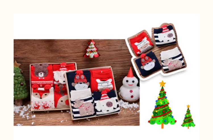 3 đôi mùa thu và mùa đông trong vớ cotton ống nữ sáng tạo dễ thương hoạt hình Giáng sinh vớ đỏ năm mới vớ quà tặng hộp quà tặng vớ vớ lót bông dày mùa đông