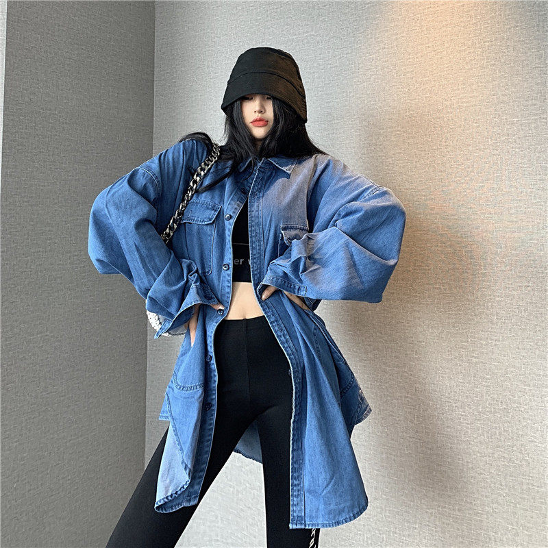 2026新款复古牛仔衬衫女减龄小众时尚宽松中长款外套长袖开衫上衣