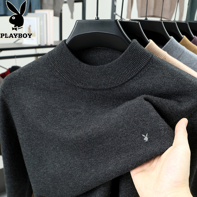 Playboy Sheep Wool Thickened Half-High Collar Sweater for Men, New Autumn and Winter Solid Color Knitted Sweater for Men