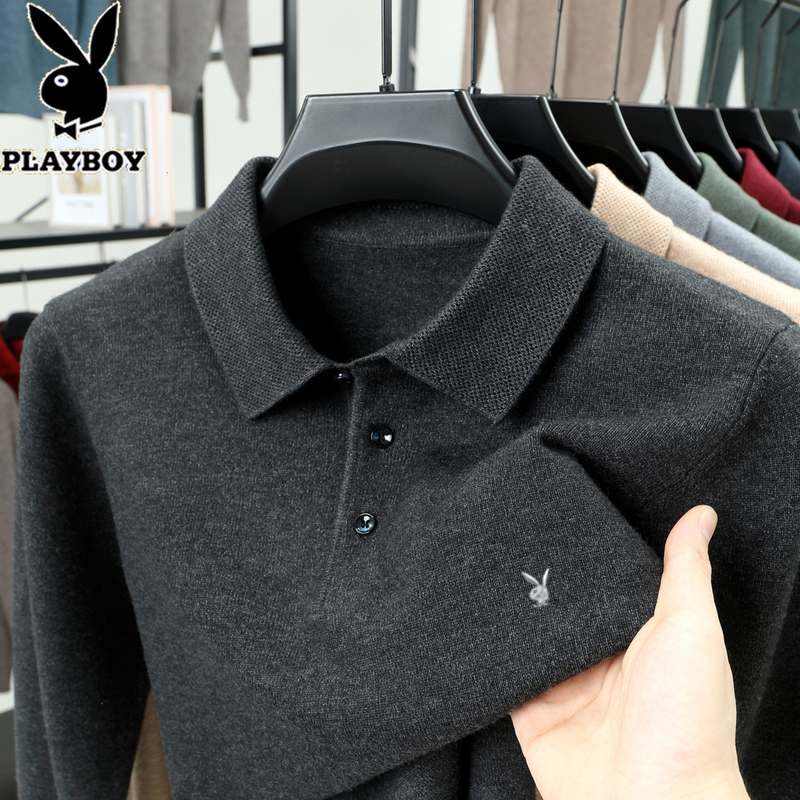 Playboy 100% Wool Long-Sleeved T-Shirt Men's Spring New Style Lapel Knitwear Men's Top Base Shirt