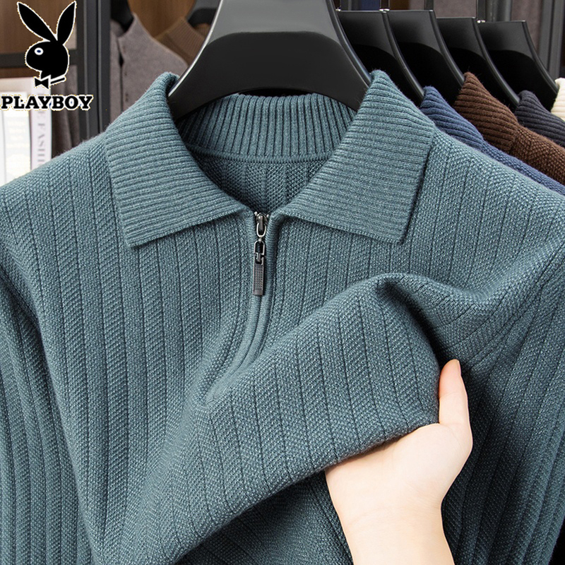 Playboy Autumn and Winter New Long-Sleeved T-Shirt Men's Lapel Half-Zip Casual Knitted Base Shirt Sweater for Men