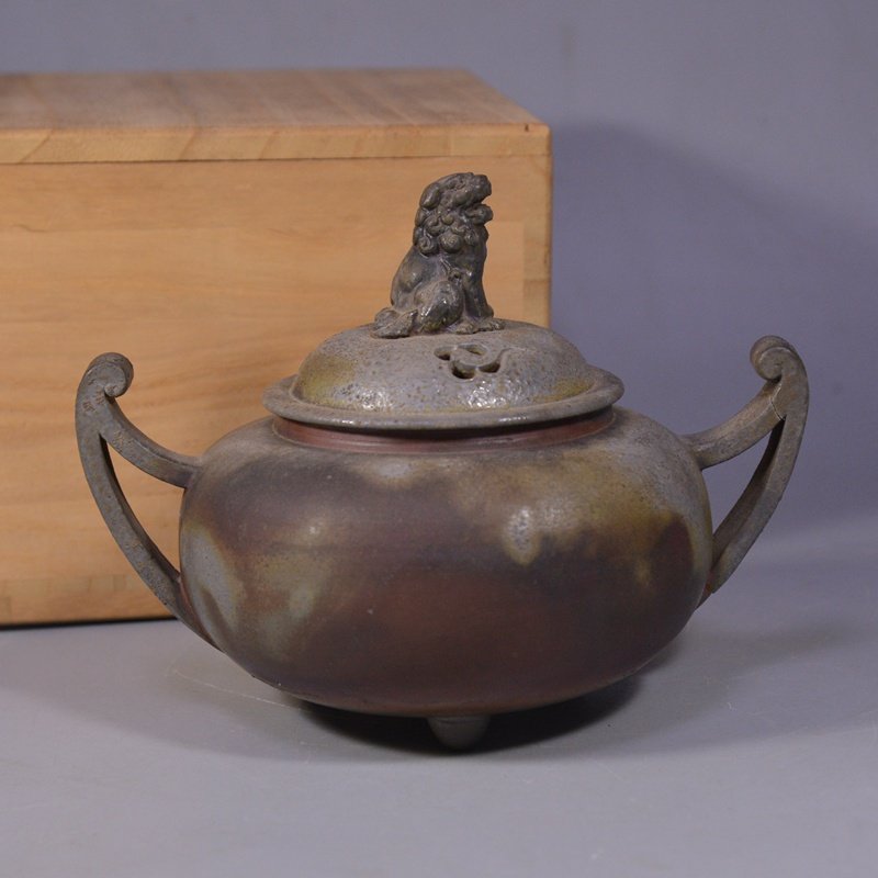 日本備前燒細工物大師小西陶古初代獅子蓋大號香爐