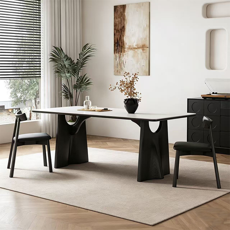 French-Style Mid-Century Rock Slab Dining Table for Home Use, Small Apartment Rectangular Modern Minimalist White Ash Wood Solid Wood Dining Table