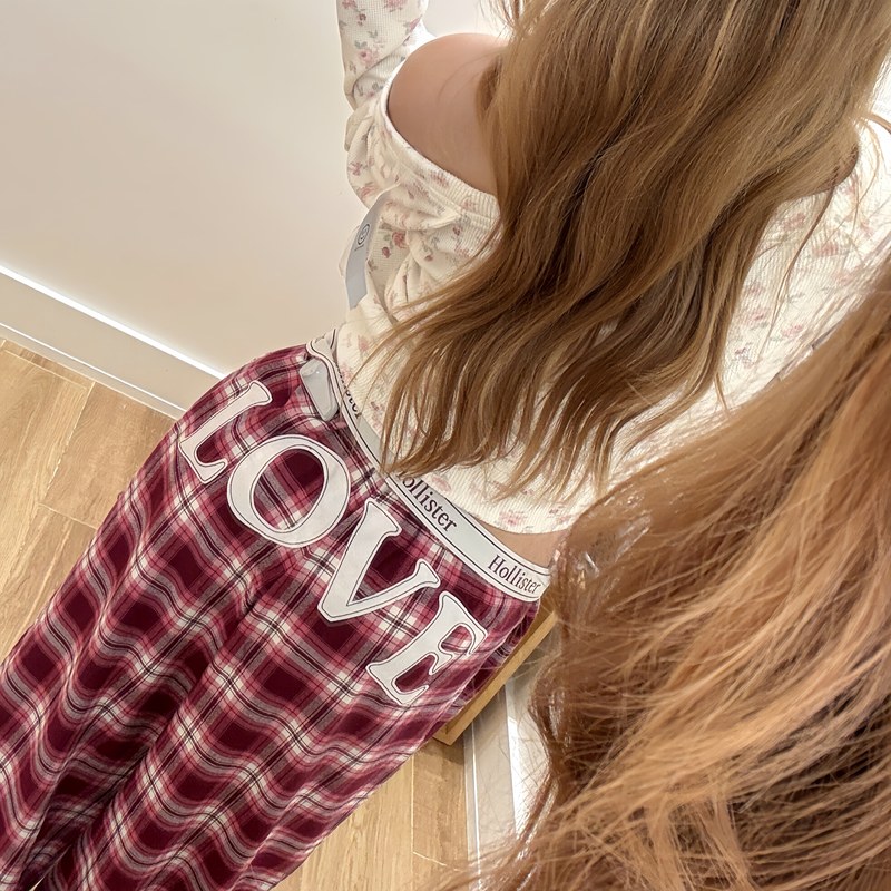 American Holiites25 Autumn New Rolled-Edge Logo Valentine's Day Limited Edition Plaid Letter Rolled-Edge Ribbon Plaid Pants for Women