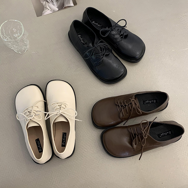 Han version with single shoes in early autumn 2021 new soft - solid soft - leather round head retro - wind English wind shoes