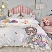  Cartoon Mermaids Fish Four Pieces Ice Silk Embroidered All-cotton Cute Girl Hearts Quilt Cover Pure Cotton Linen Summer