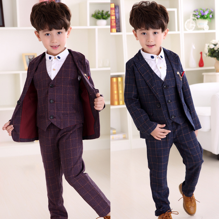 Boys plaid small suit suit children's flower girl dress baby suit vest three-piece performance clothing performance clothing