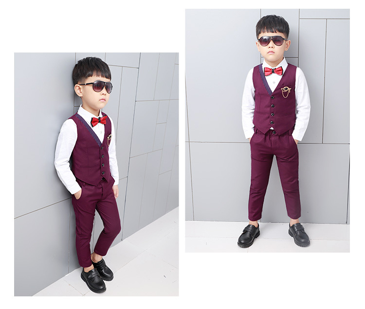 Váy hoa bé trai dài tay vest vest ba mảnh phù hợp với mùa thu trẻ em chủ nhà nhỏ trang phục gió Anh set đồ vest bé trai