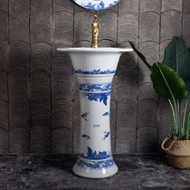 Green flower porcelain column type washbasin hand-painted gold jade full-court retro washbasin Chinese style floor-type integrated column basin