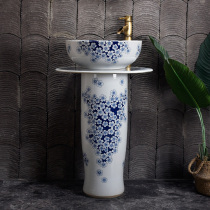 Hand painted green flower upright post style washbasin Chinese art ceramic washbasin imitation retro-floor-type integrated hand wash pool