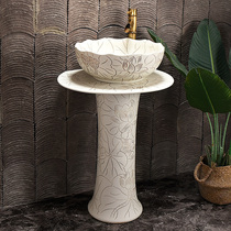 Ceramic Column Type Washbasin Outdoor Patio Post Basin Retro Engraving Chinese Lotus Wash Basin Garden Courtyard