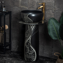 Black creative art upright post basin balcony toilet floor-style integrated washbasin ceramic column type washbasin