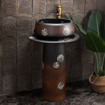 Retro Green Flower Post-Style Washbasin Ceramic Outdoor Washbasin Integrated Floor Washstand Balcony Yard Home