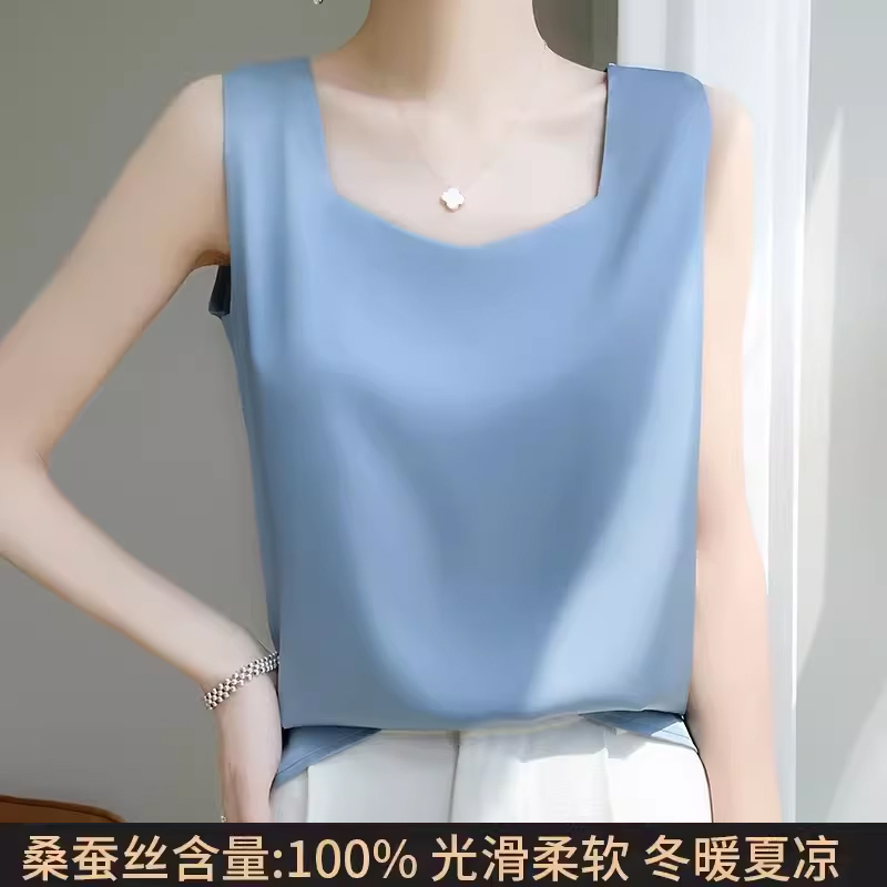 100% Mulberry Silk Simple and Elegant Silk Vest for Women with Wide Shoulder Straps, Loose Fit, Slimming, Sleeveless Shirt, Suit Camisole for Summer