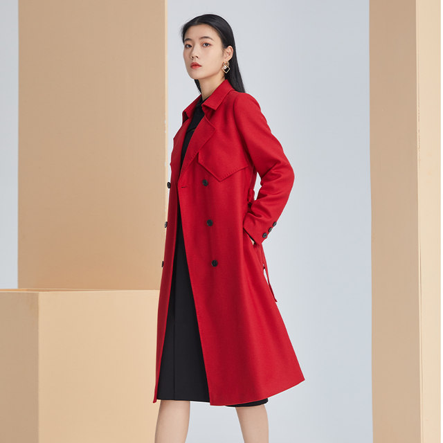 EMOO Yangmen Autumn New Windbreaker Jacket Women's Mid-Length Red Style Over-the-Knee Wool Woolen Coat