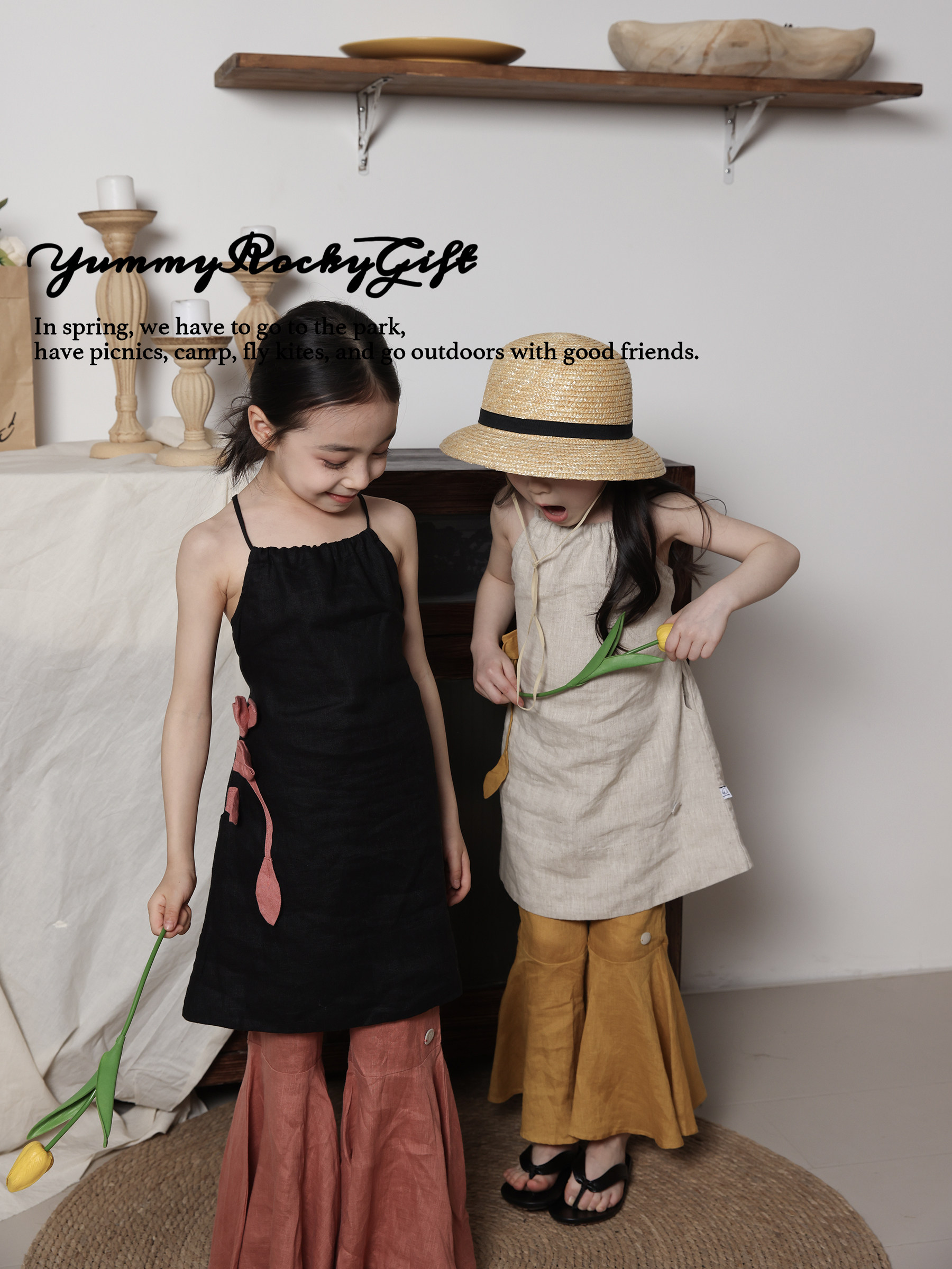 yummyrocky rain dew linen handmade flower children's suspender skirt fishtail pants wide leg pants