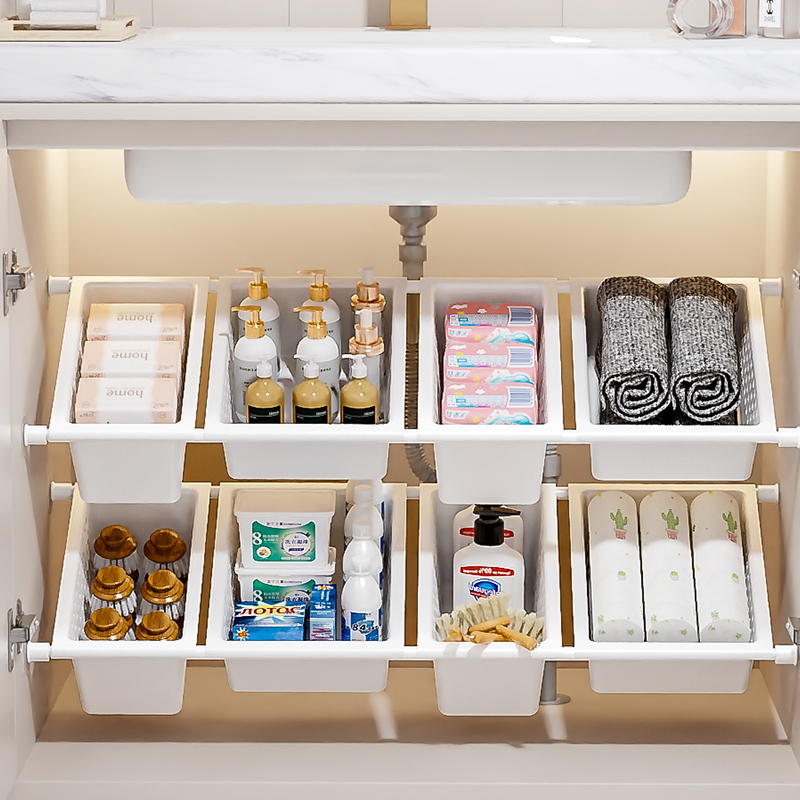 Layered Shelf Storage Rack in the Overall Cabinet, Kitchen Storage Basket, No-Drill Telescopic Rod Storage Shelf, Drainage
