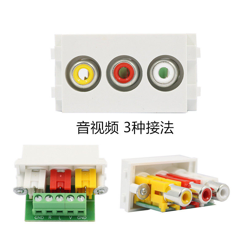 Triple hole audio-video module socket panel RCA red white yellow 3 lotus straight free screw ground insert accessory