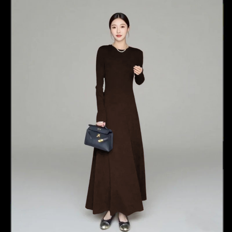 2025 Autumn/Winter Coffee-Colored Cotton Round-Neck Long-Sleeve Slim-Fit Elegant Base Dress for Women, Autumn Design Long Dress