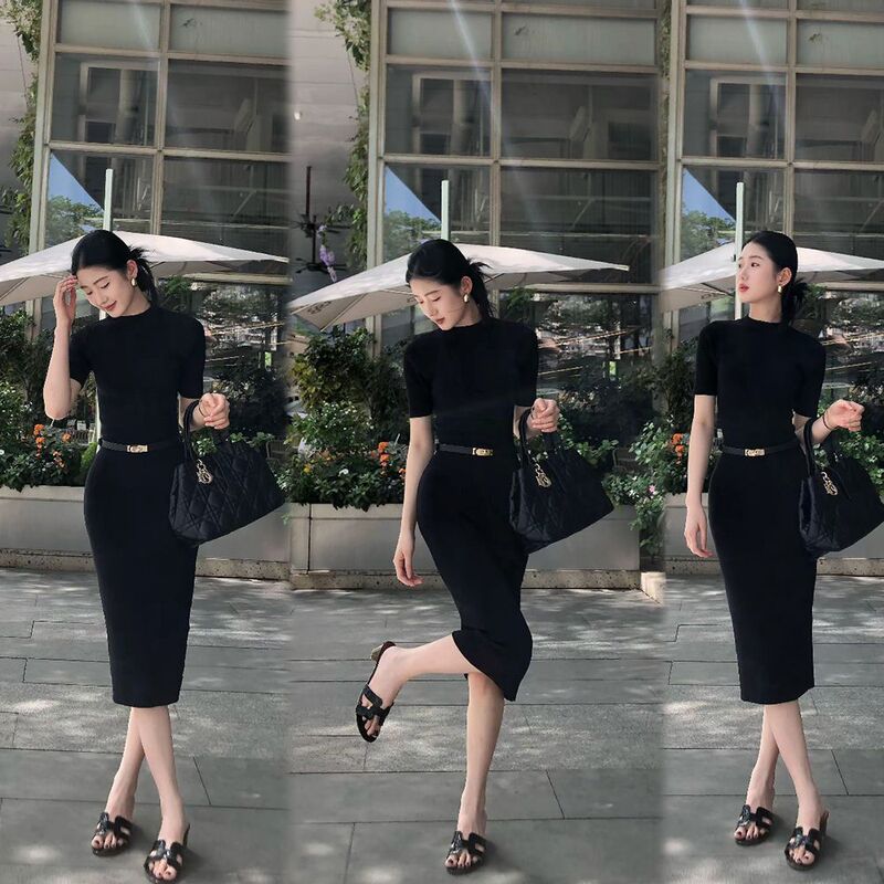 【With Belt】Cotton Little Black Dress for Parties, Slim-Fitting, Figure-Flattering, Elegant Socialite Style Dress, Summer Pencil Skirt 【With Belt】Cotton Little Black Dress for Parties, Slim-Fitting, Figure-Flattering, Elegant Socialite Style Dress, Summer Pencil Skirt