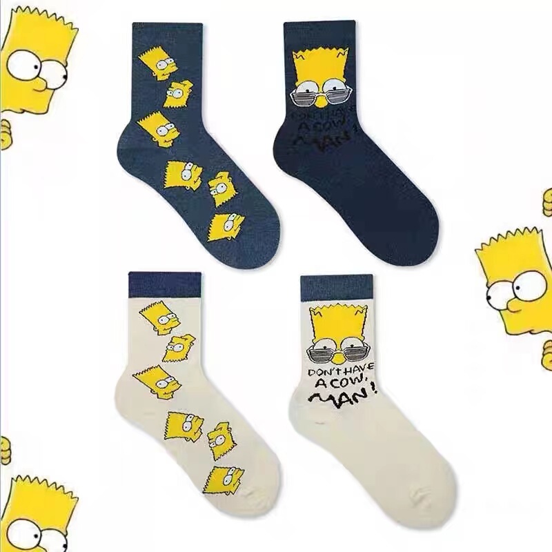 Korean Trendy Brand Simpsons Harajuku Ulzzang Hong Kong Style Japanese Style Style ins Mid-Calf Socks for Men and Women Cartoon Pure Cotton Trendy Socks