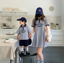 Play in parent-child dress Summer mother-son Alphabet Printed Collision Color Polo Suit Mom Polo Skirt Parent-child New