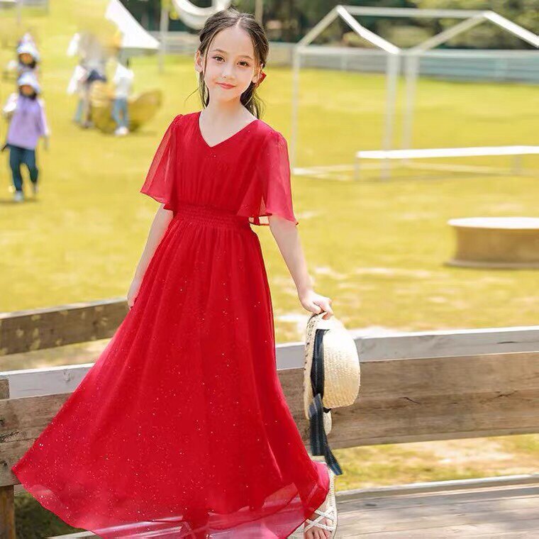 Girls dresses, children's skirts, princess skirts, children's clothes, red 2021 new style, big children's western style, girls' summer dress, chiffon