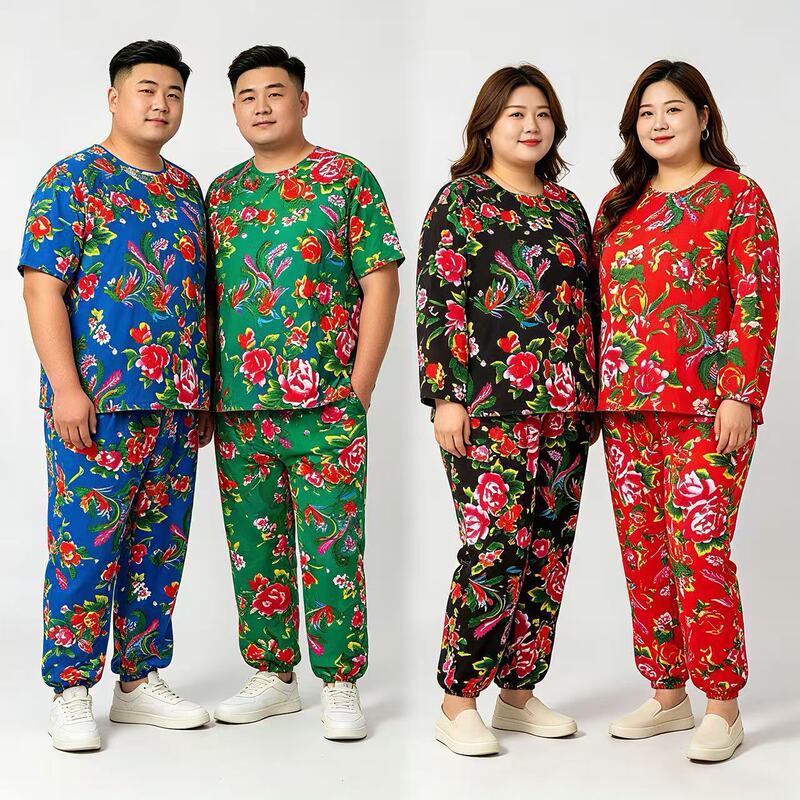 Extra Large Size 150kg Loose Fit Plus Size Northeastern Floral Pajamas Unisex Loungewear Set Festive Performance