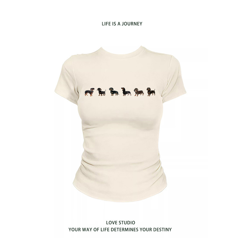 American-Style Puppy Print Hot Girl Short-Sleeved T-Shirt for Women, 2026 Summer New Slim-Fit Waist-Cinching Crop Top