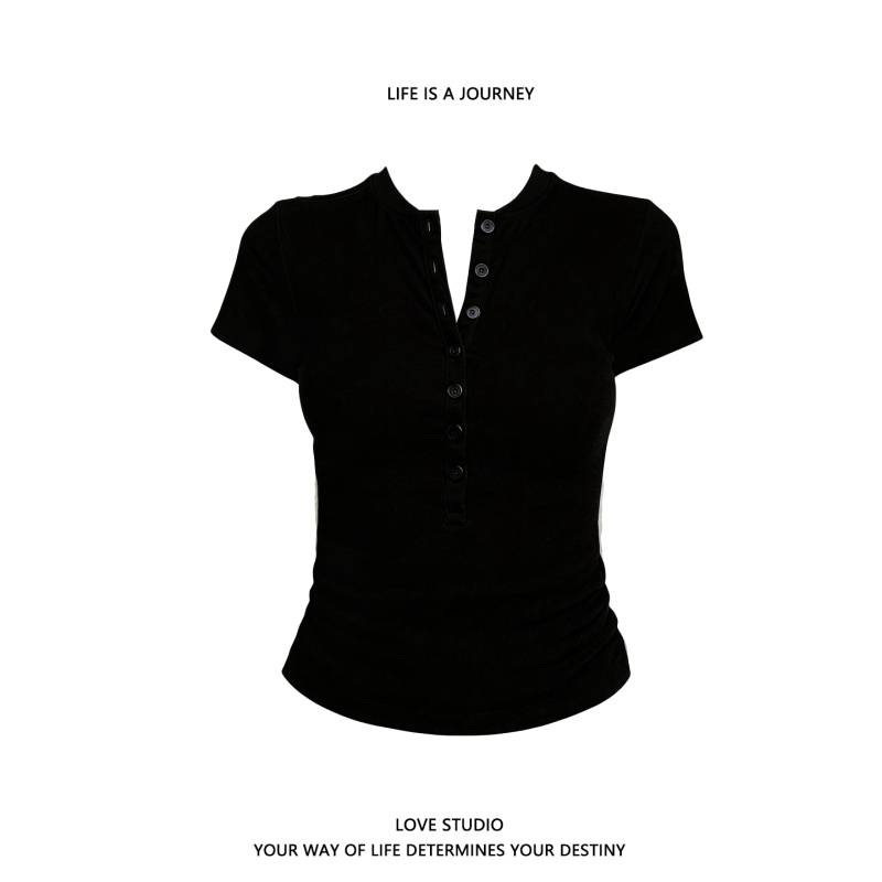 American Style Spicy Girl Solid Color Slim Fit Short-Sleeve T-Shirt for Women 2026 Summer New Henry Collar Short Top with Regular Shoulders