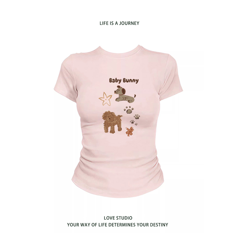 American Sweet Girl Pink Cartoon Print Short-Sleeved T-Shirt for Women, New Summer Style, Slim Fit, Short Waist-Cinching Top