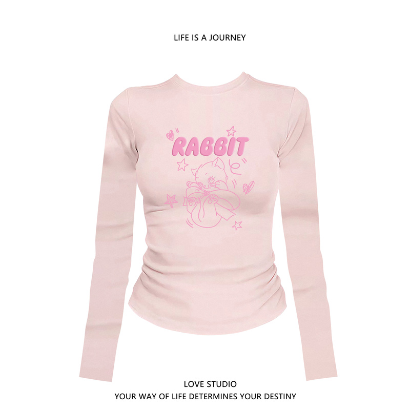 Pink Design-Inspired Retro Letter Short-Sleeved Long Top for Women, New Autumn Round-Neck American Sweet Style ins Top