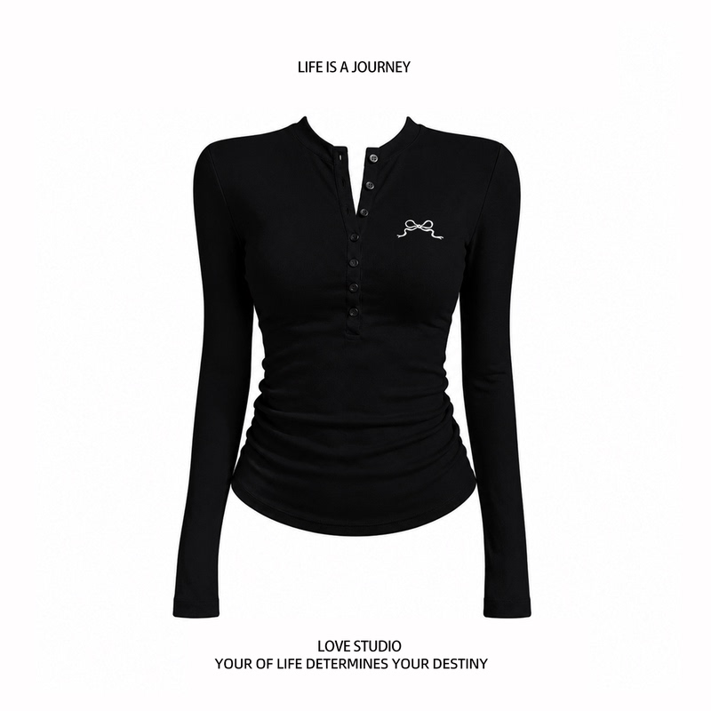 Rose American-Style Simple Bow Print Regular Shoulder Sexy Henley Collar Long-Sleeve T-Shirt for Women, Autumn Slim-Fit Top