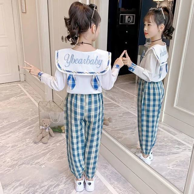 Girls' clothing suit 2023 spring new children's foreign style plaid casual fashion college long-sleeved girl two-piece suit