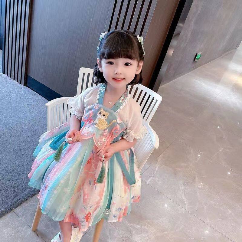 китайский костюм 女童连衣裙中国风女孩旗袍2025新款夏装儿童汉服演出服宝宝公主裙 OTHER