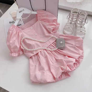 Girls' suit 2023 summer new style small and medium-sized children's short-sleeved foreign-style shorts little girl Korean version of puff sleeve two-piece set