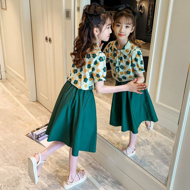 Girls net red suit summer foreign style Korean version fresh girl floral short-sleeved shirt fashionable children's two-piece skirt