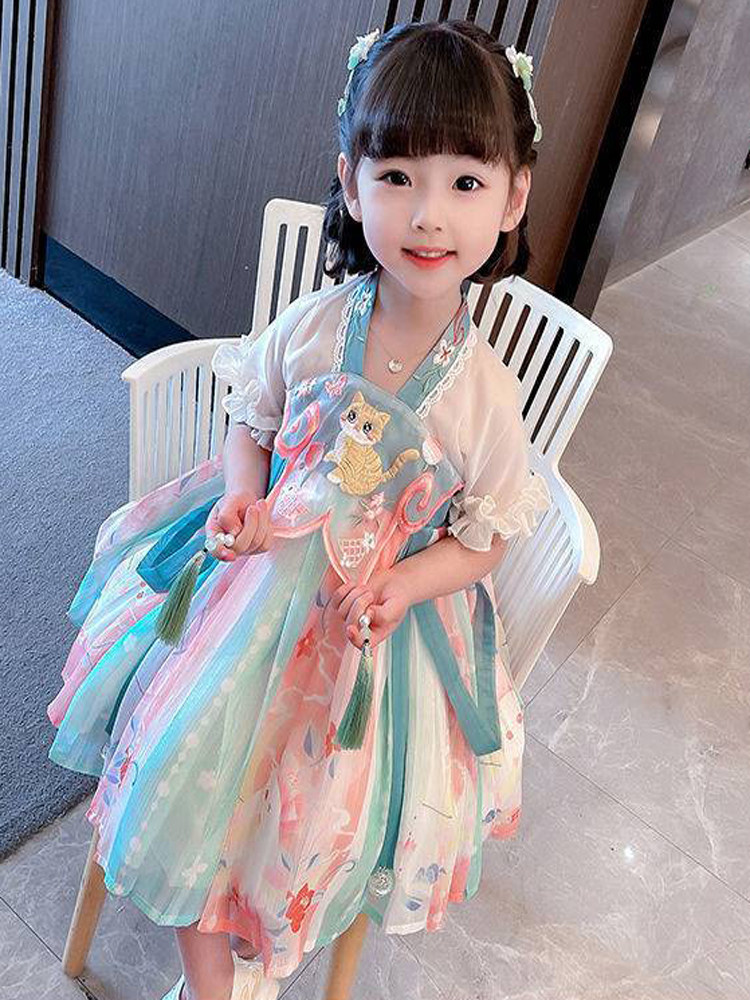 китайский костюм 女童连衣裙中国风女孩旗袍2025新款夏装儿童汉服演出服宝宝公主裙 OTHER